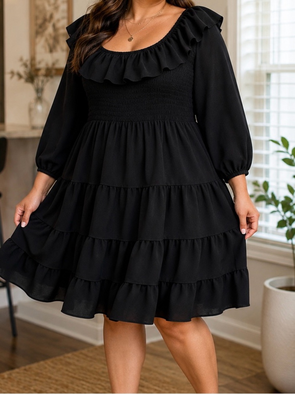 Plus Size Black Smocked Ruffle Tiered Dress